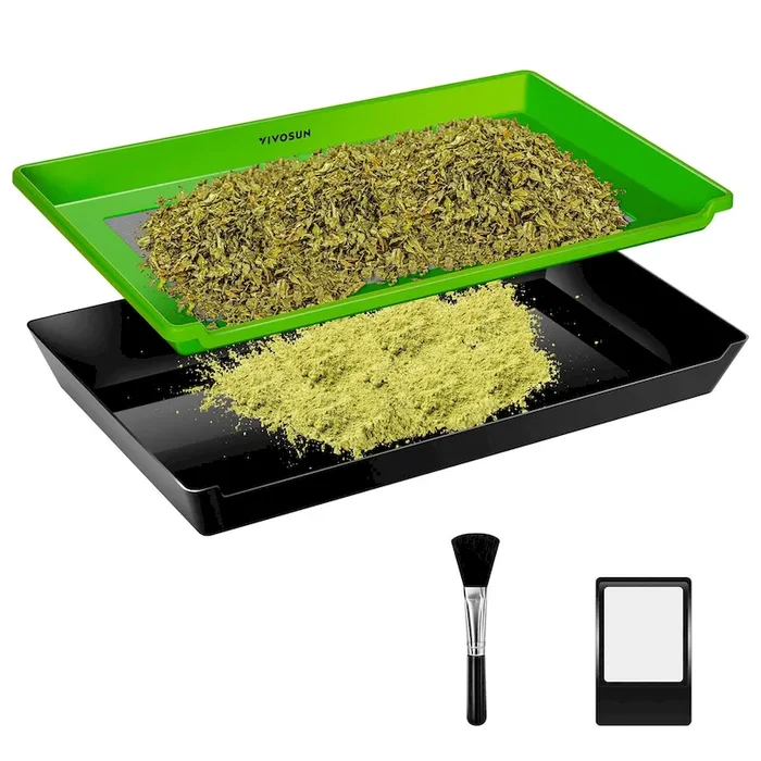 2-in-1 Trimming Tray 20″ x 13″, with 150 Micron Mesh Sifter, Bottom Harvest Bin, Brush and Magnifying Card, Green