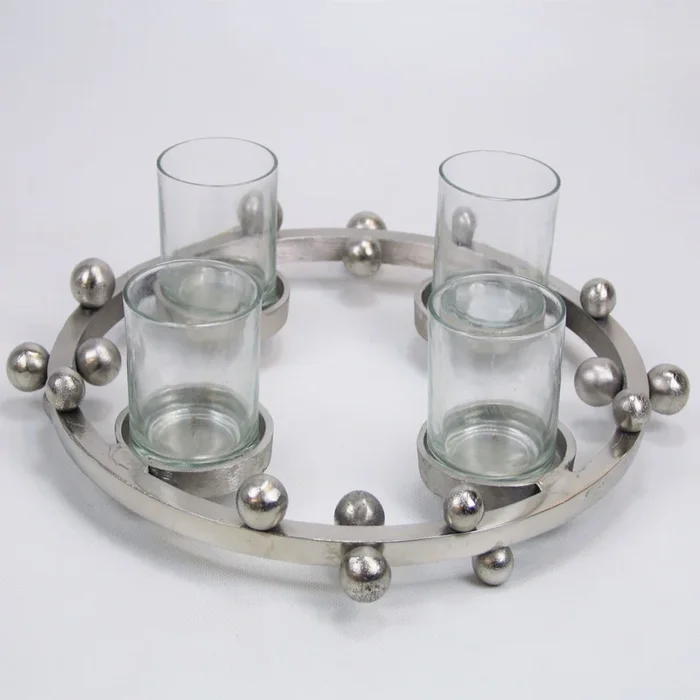 Adventskranz mit Kugeln, silber, Metall, Glas
