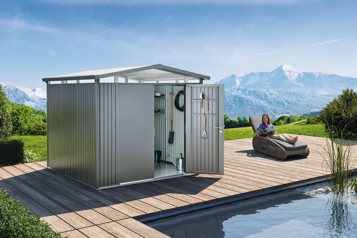 Biohort Gerätehaus Panorama quarzgrau-metallic mit Doppeltür, P1