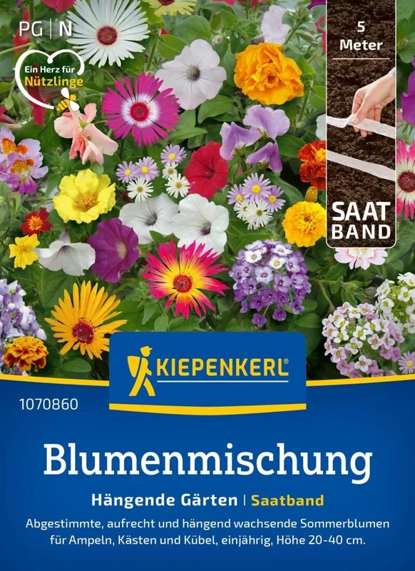 Blumenmischung Hängende Gärten, Saatband, Sommerblumen für Ampeln, Kästen und Kübel – Höhe 20-40 cm