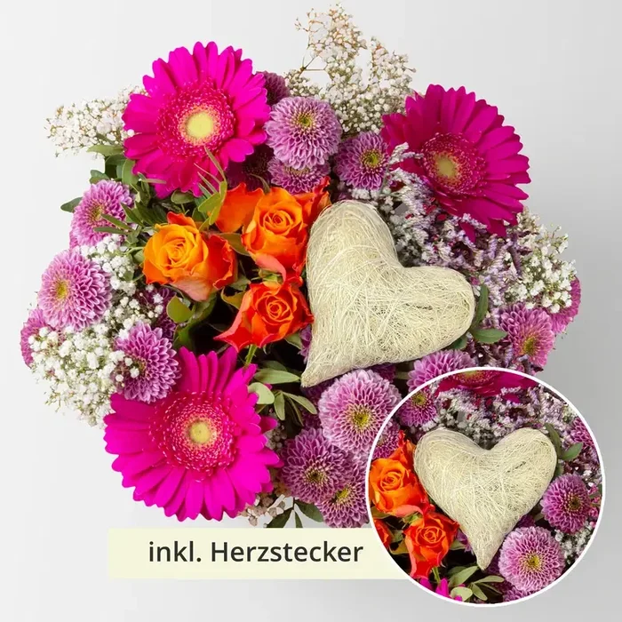 Blumenstrauß ‚Orange meets Pink‘ inkl. Herzstecker natur, handgebunden, Größe M