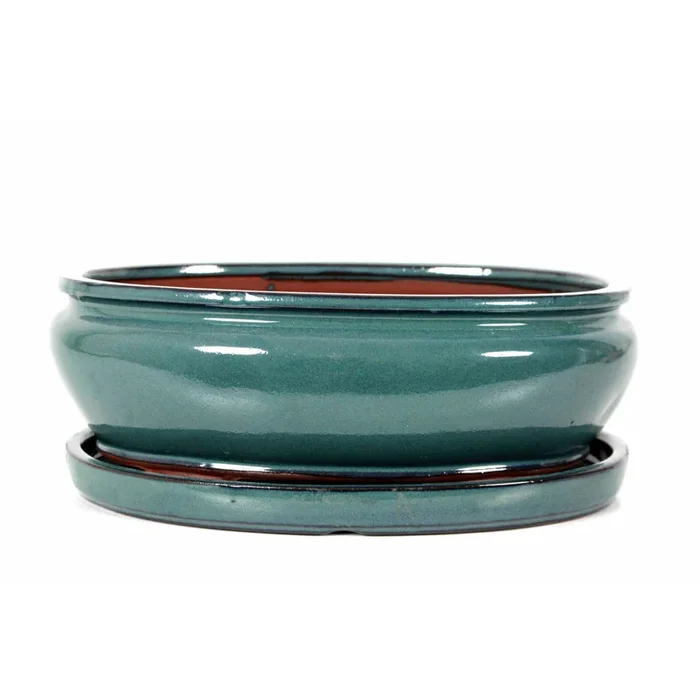 Bonsaischale 30x21x10 cm glasiert oval Farbe: blaugrün mit Untersetzer