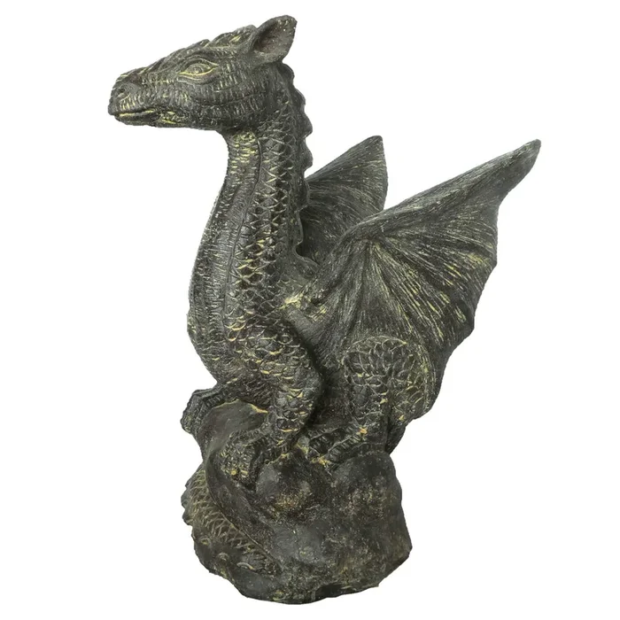Drache auf Felsen sitzend, grau, Steinguss, 58 x 42 x 33 cm