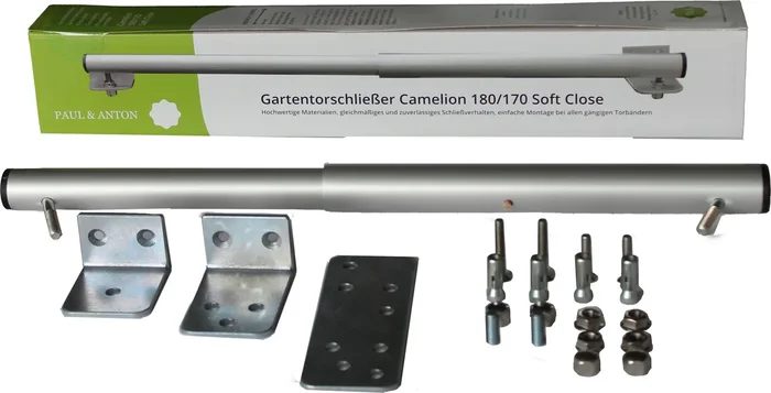 Gartentorschliesser Gartentorschließer Camelion 180/170 Soft Close, 80er Winkel + Platte, Silber