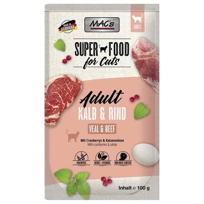 MAC’S Cat Pouch Packs, Kalb & Rind, Nassfutter, 100 g