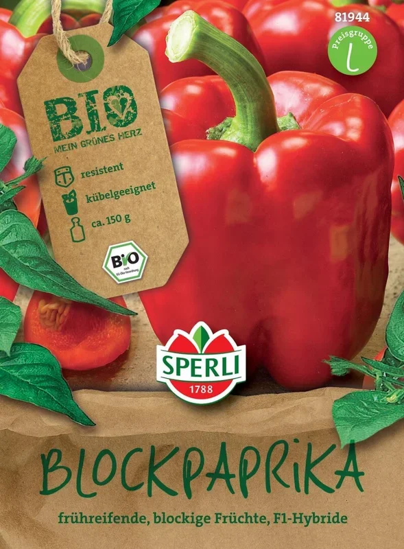 Sperli BIO Blockpaprika F1, große blockige Früchte reifen sehr früh von grün nach rot, Für Freiland- und Gewächshausanbau