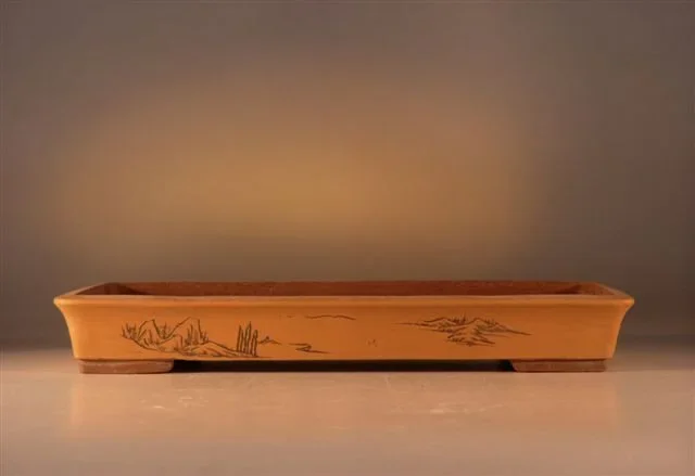 Tan Unglazed Rectangle Bonsai Potwith Etched Designs17″ x 8″ x 2.5″