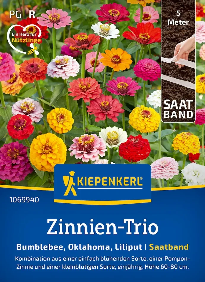 Zinniensamen-Trio Bumblebee, Oklahoma, Liliput, Saatband